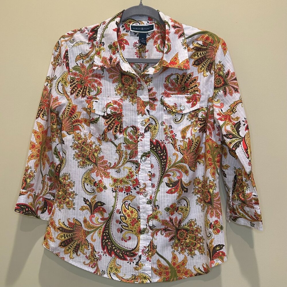 Karen Scott Colorful Paisley Button Up Collard Boho Woman's Shirt